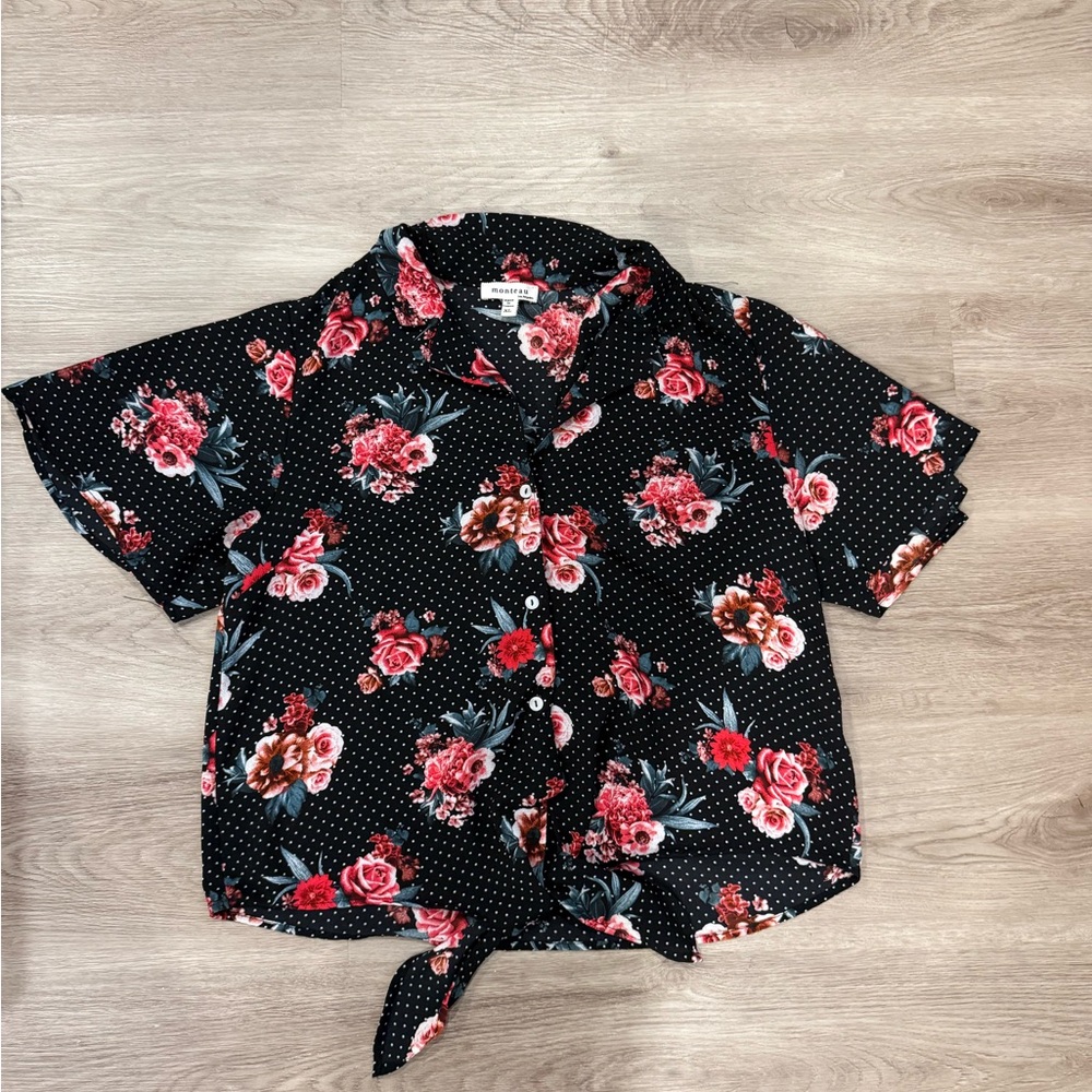 Monteau Black Floral Polka Dot Blouse